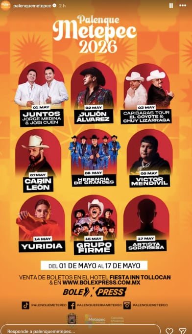 Palenque Metepec 2026: Artistas y agrupaciones