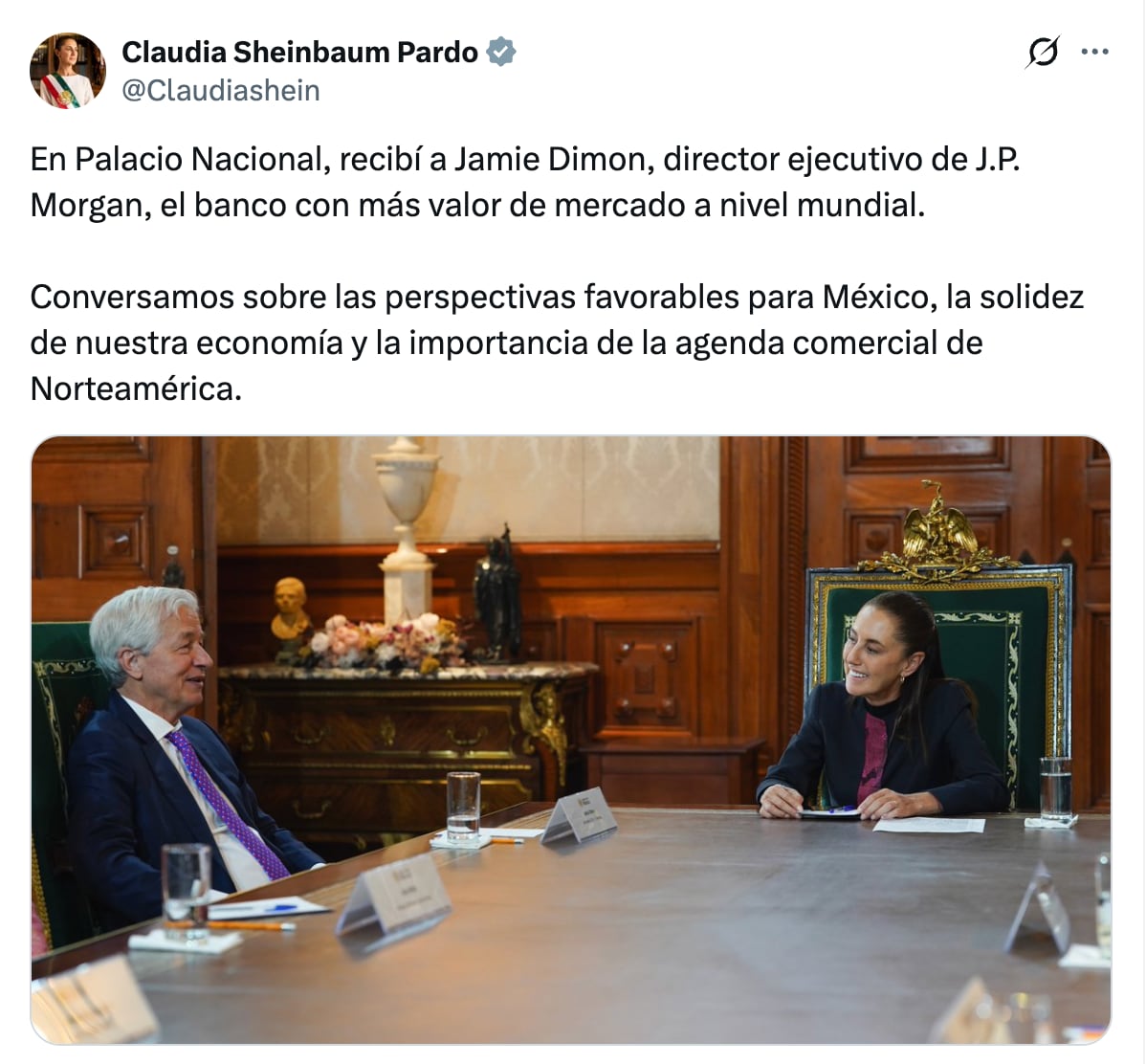 Claudia Sheinbaum se reúne con Jamie Dimon de J.P. Morgan