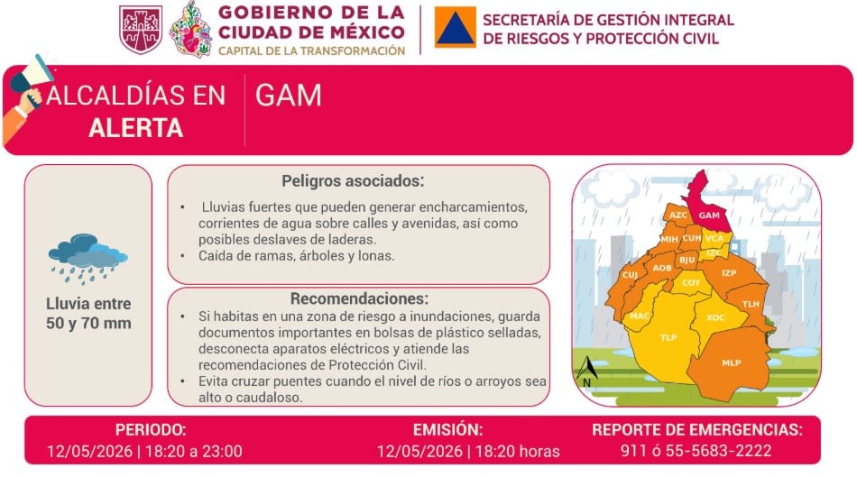 CDMX activa alerta roja por lluvias en Gustavo A. Madero