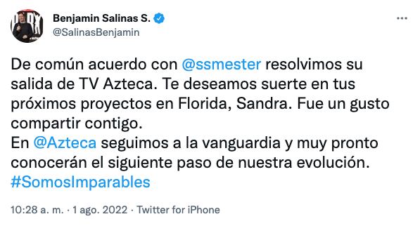 Tuit de Benjamín Salinas sobre Sandra Smester