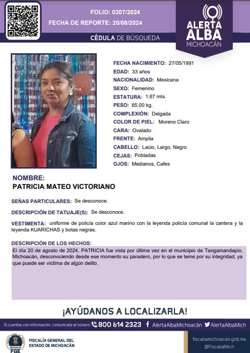 Ficha de búsqueda de policía comunal desaparecida en Tangamandapio, Michoacán