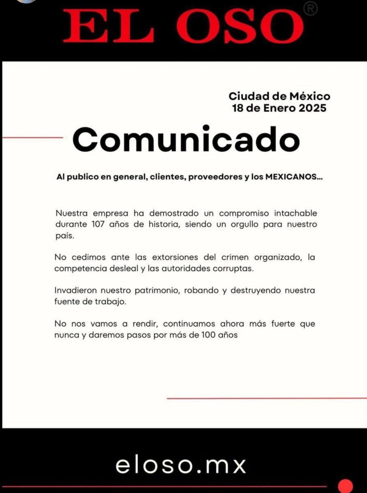 Comunicado de la fábrica El Oso tras el desalojo del 17 de enero de 2025