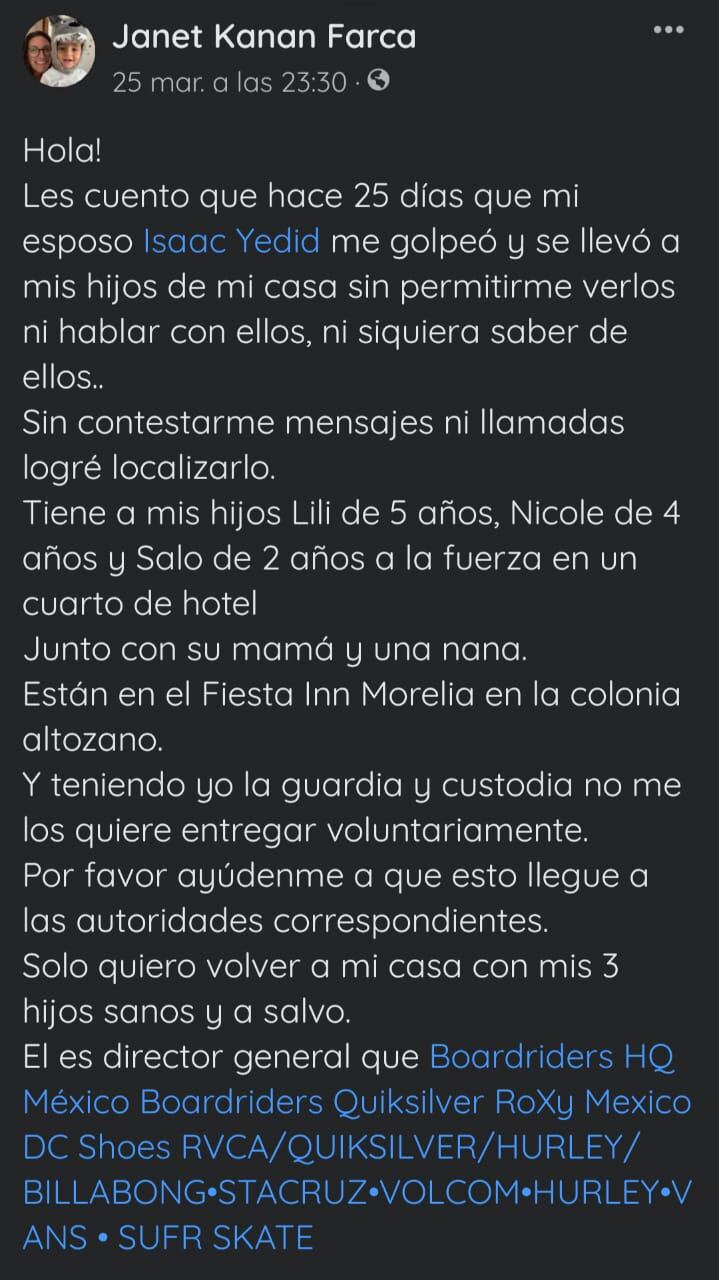 Janet Kanan Farca denuncia públicamente a su esposo Isaac Yedid "N"