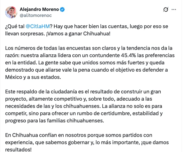 Alejandro Moreno responde a Citlalli Hernández por Chihuahua