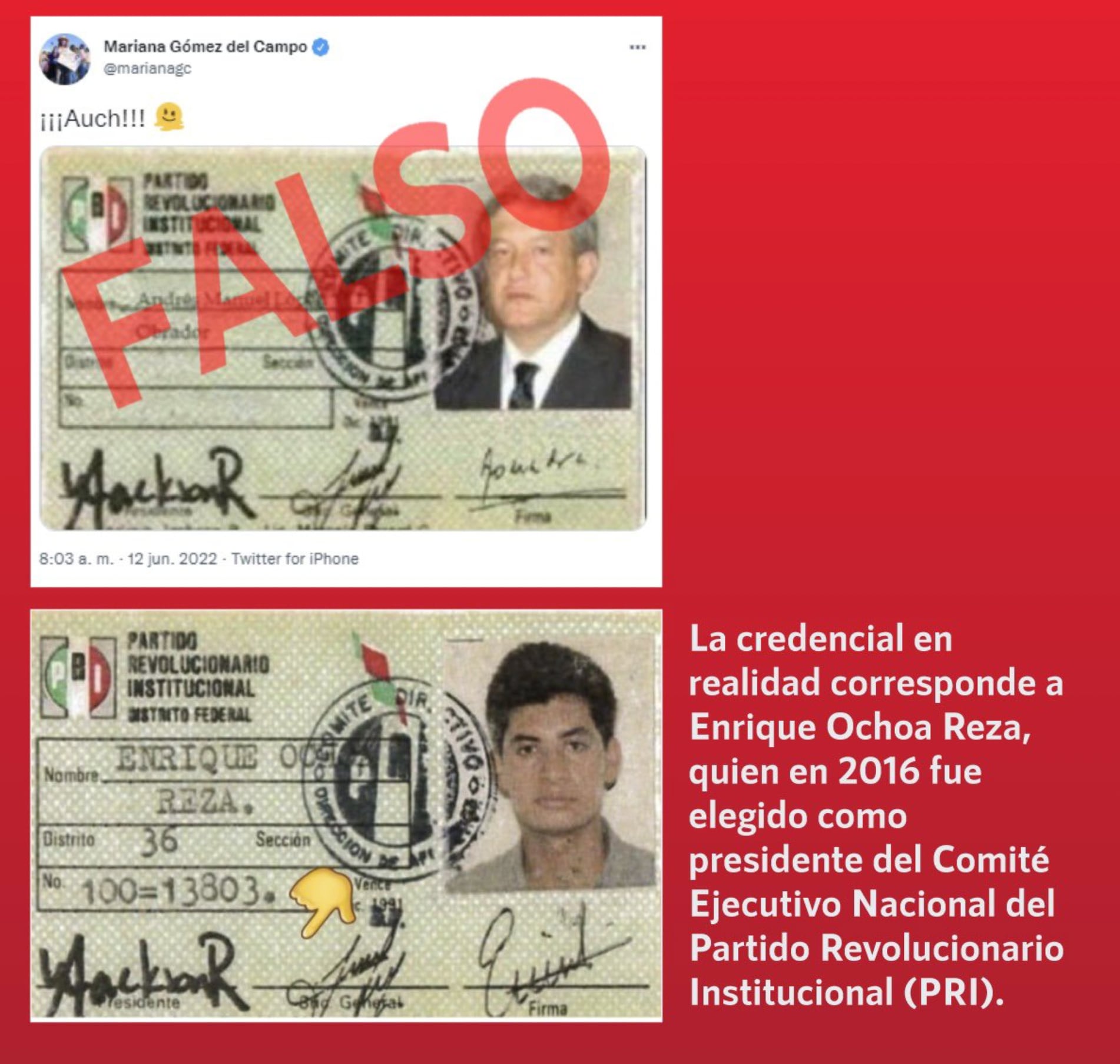 Credencial falsa de AMLO como militante del PRI