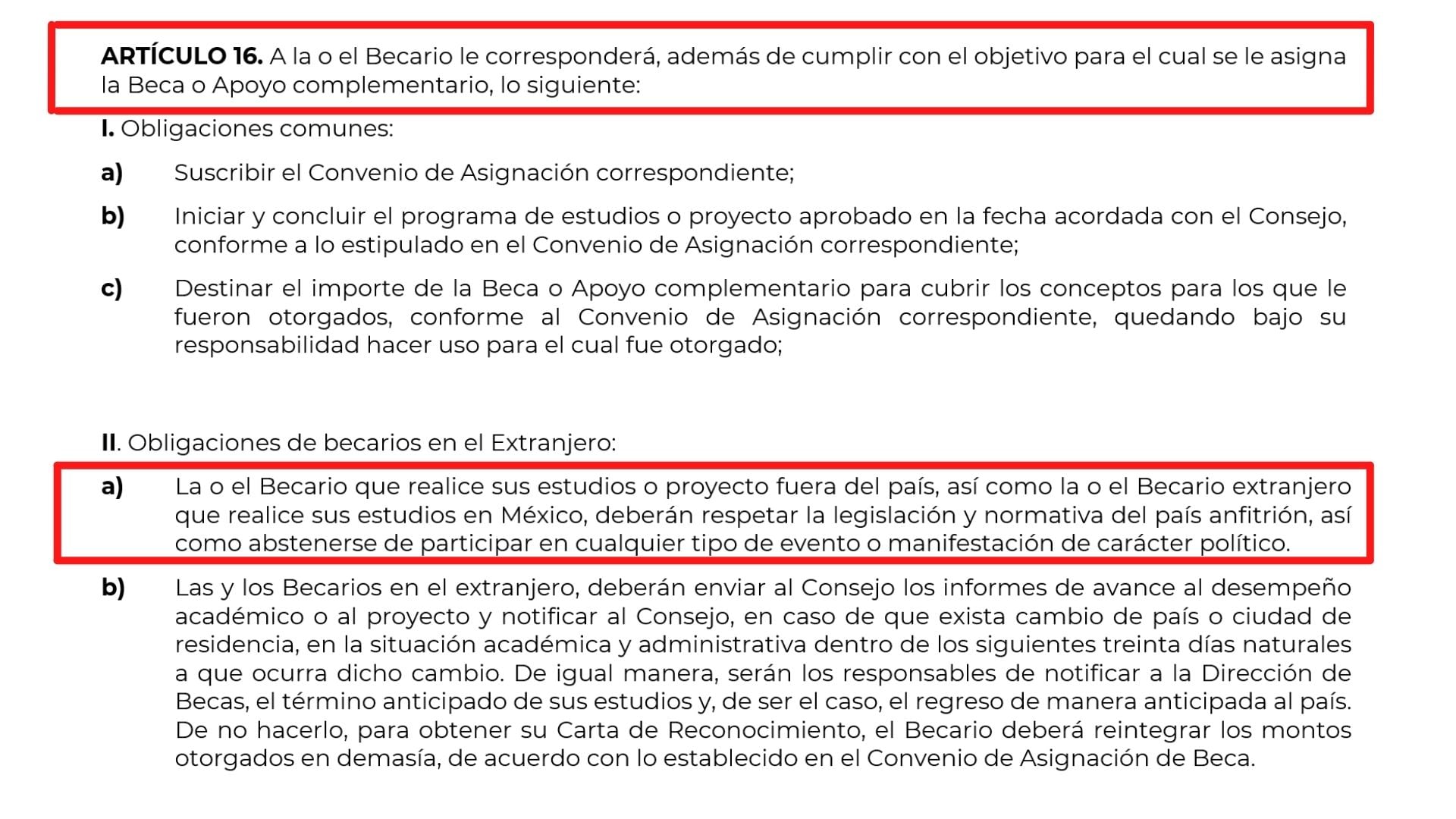Artículo 16 del anteproyecto de becas del Conacyt