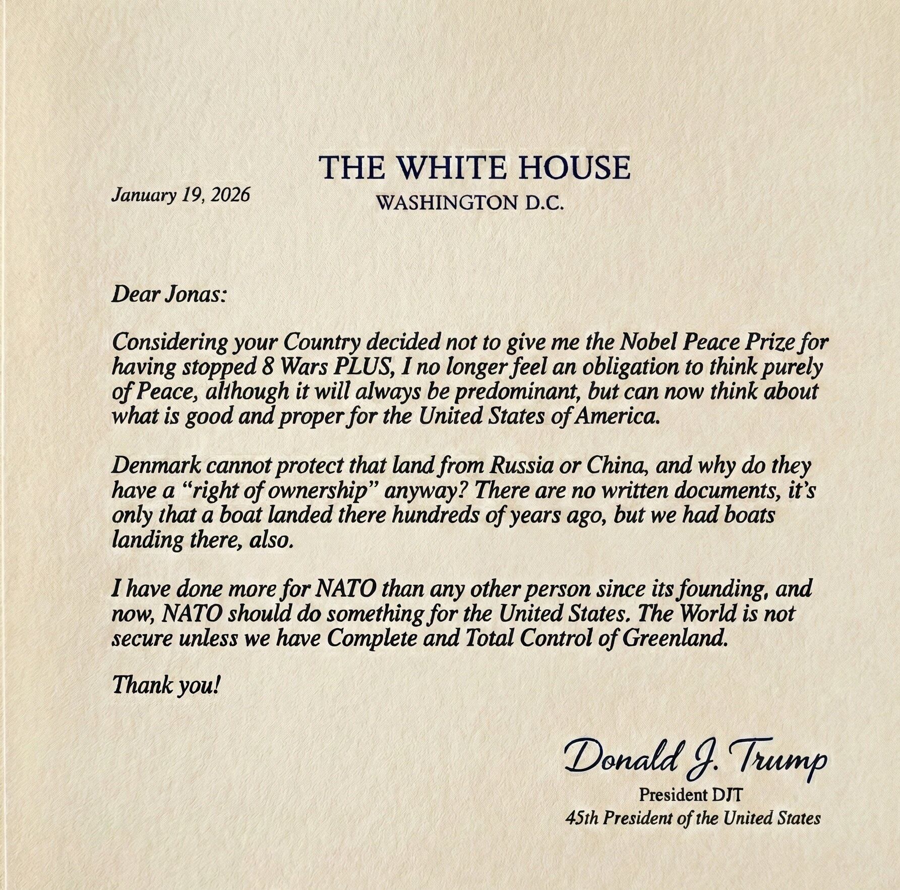 Trump critica al Nobel de la Paz y plantea control sobre Groenlandia