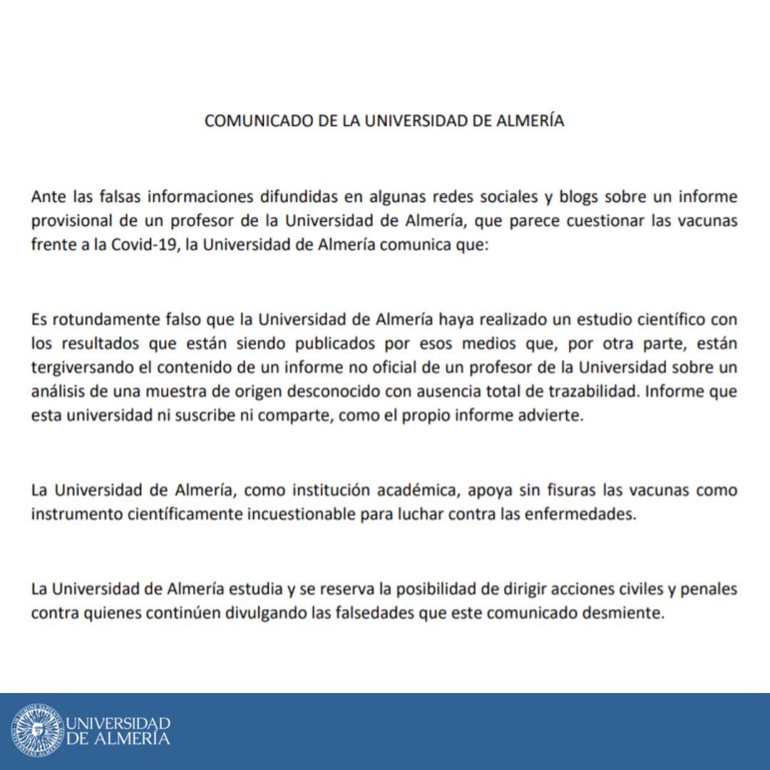 Universidad de Almería se deslinda de estudio sobre vacunas