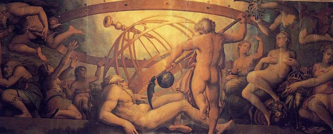 CRONOS CASTRANDO A SU PADRE URANO (1564). GIORGIO VASARI, NO ES TAN TERRIBLE COMO LA DE SATURNO (CRONOS) DEVORANDO A UNO DE SUS HIJOS, DE FRANCISCO DE GOYA.