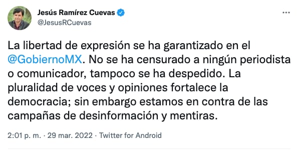 Jesús Ramírez afirma que el gobierno de México no ha censurado ni despedido a periodistas