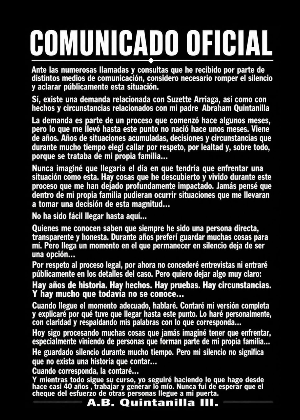 AB Quintanilla revela problemas en su familia y demanda contra su hermana, Suzette Quintanilla