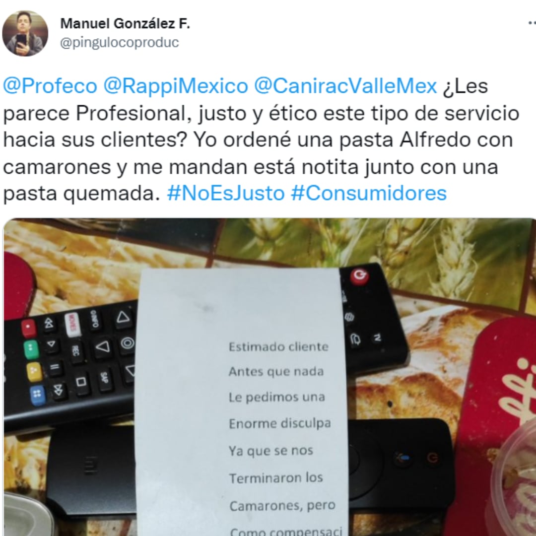 Tuit de queja de usuario que recibió una pasta quemada