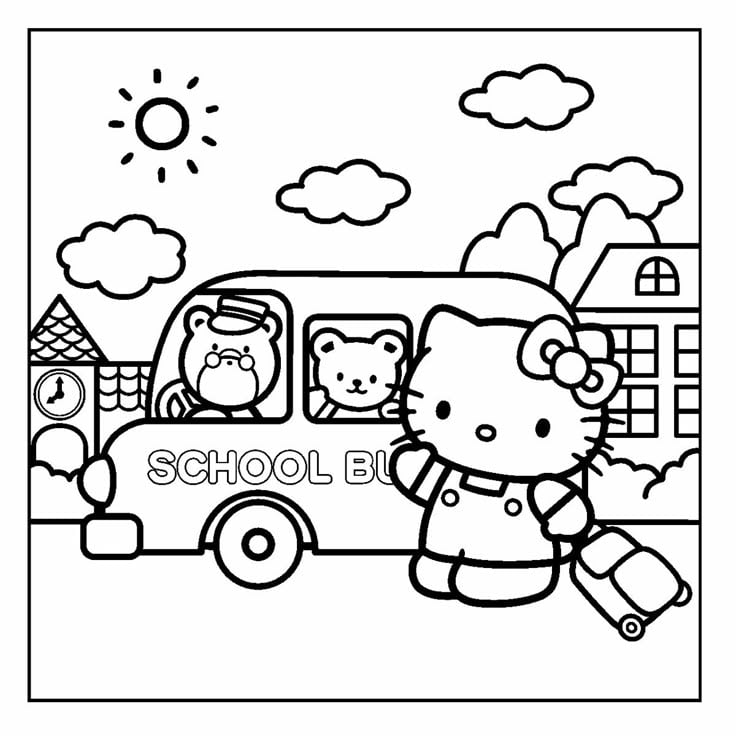Dibujos de Hello Kitty en la escuela para colorear por el Día del Maestro