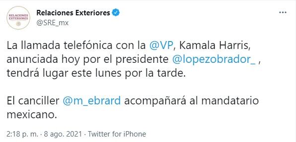 SRE confirma llamada de AMLO con Kamala Harris
