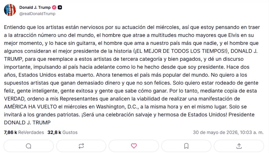 Trump propone cambiar conciertos por mitin en aniversario 250 de Estados Unidos