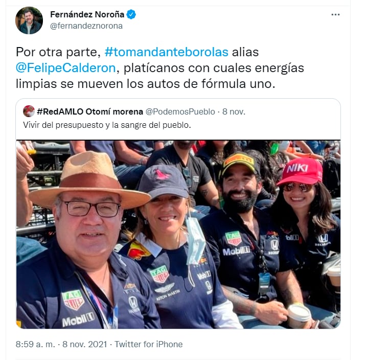 Fernández Noroña se burla de Felipe Calderón por asistir a la Fórmula 1/ @fernandeznorona