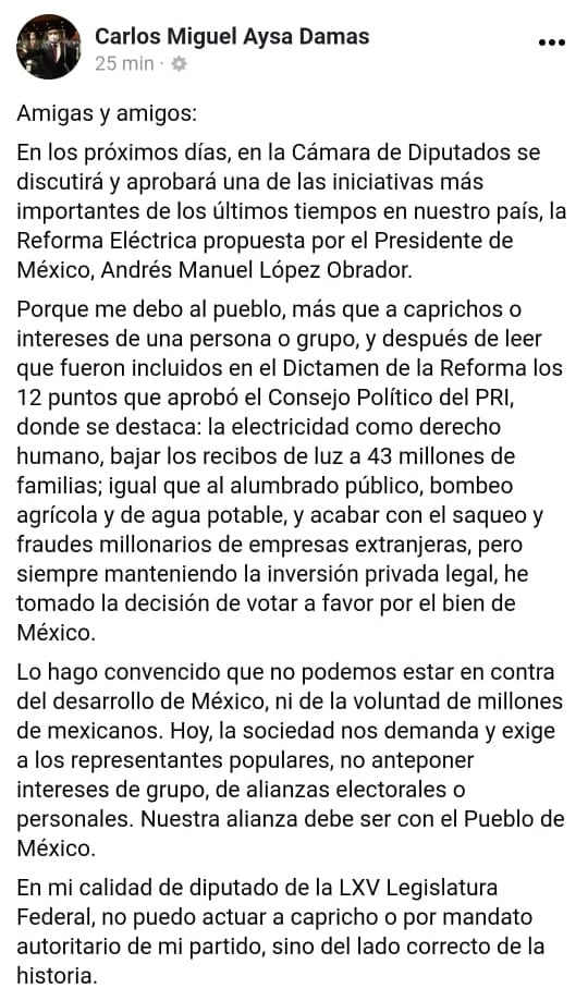 Carlos Miguel Aysa Damas a favor de la reforma eléctrica/Facebook