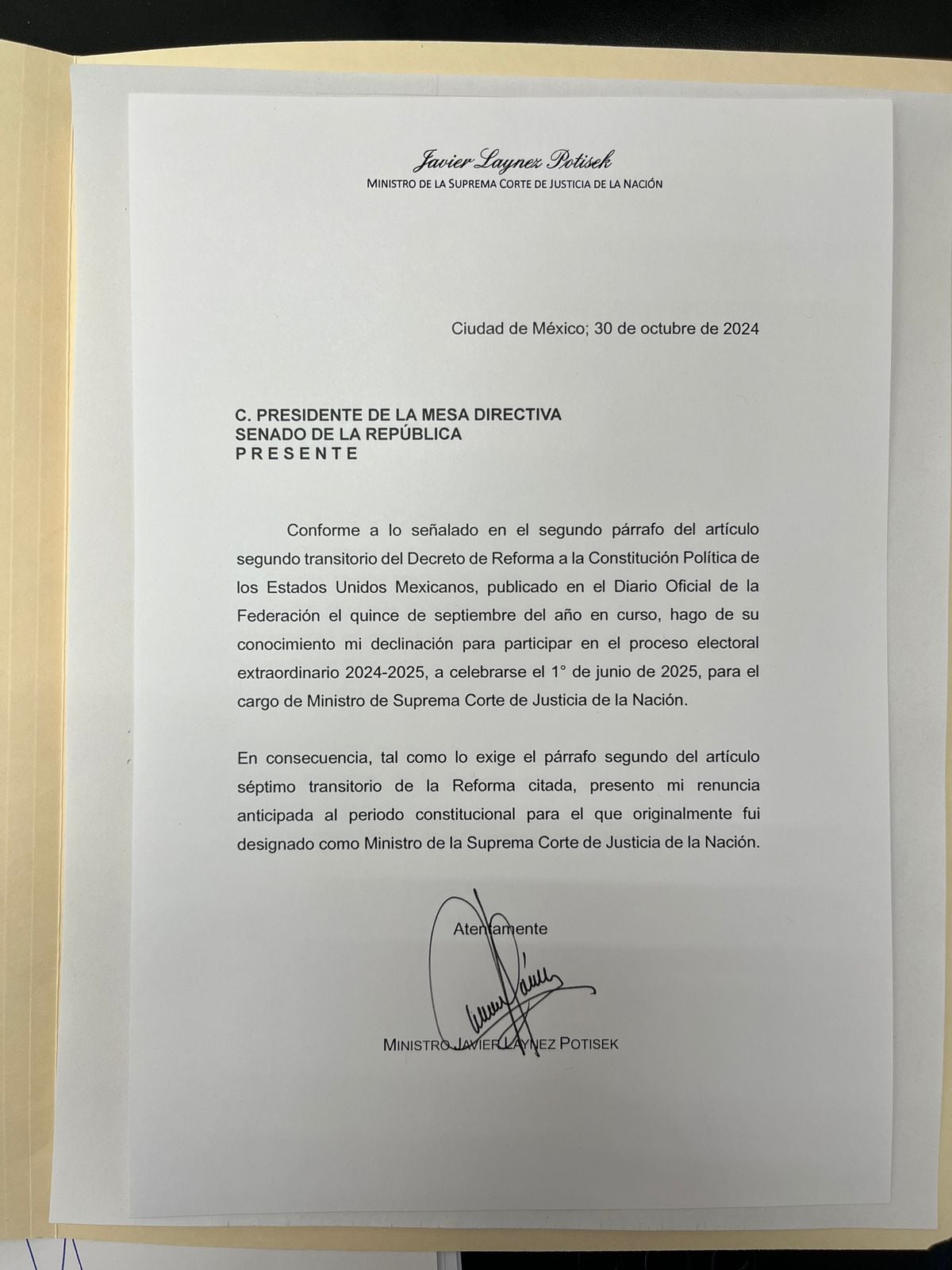Carta de renuncia de Javier Láynez Potisek a la SCJN