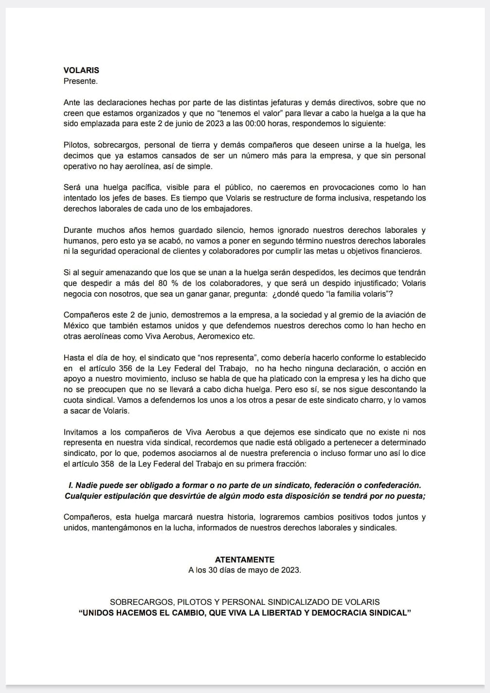 Comunicado trabajadores Volaris 30 de mayo de 2023