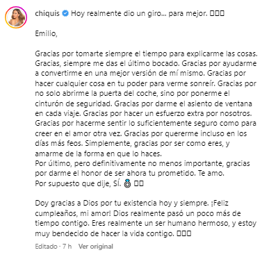 Chiquis Rivera comparte su compromiso con Emilio Sánchez.