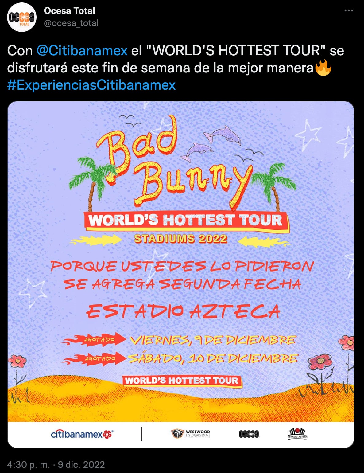 Publicación de OCESA sobre Bad Bunny