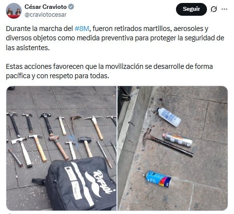 Decomisan artefactos peligrosos en la marcha del Día Internacional de la Mujer.