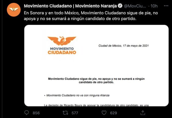 En Sonora y en todo México, Movimiento Ciudadano sigue de pie, no apoya y no se sumará a ningún candidato de otro partido.