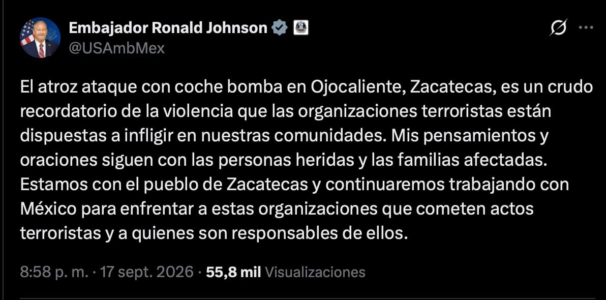 Ronald Johnson se solidariza con víctimas tras ataque con coche bomba en Zacatecas