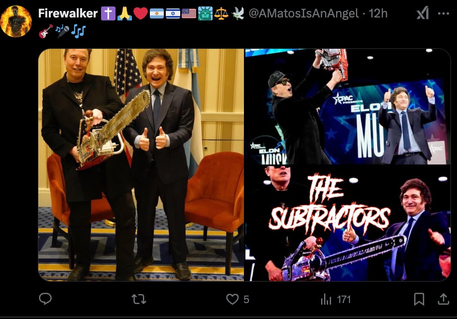 Memes de motosierra de Javier Milei a Elon Musk