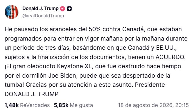 Trump suspende por tres días aranceles del 50% a Canadá