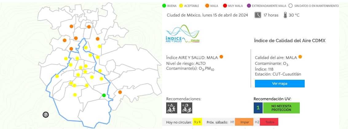 Reporte de la calidad del aire hoy 15 de abril 2024