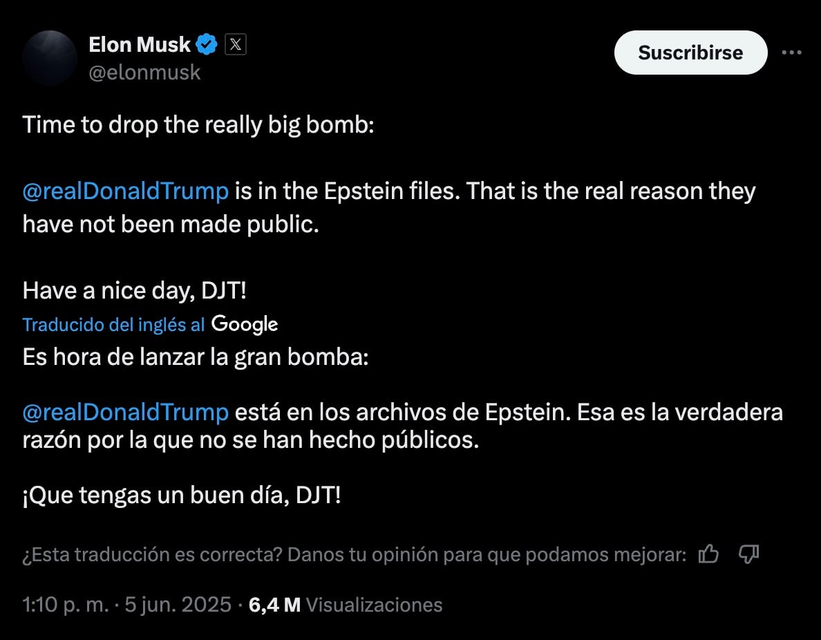Elon Musk suelta “bomba” sobre el caso Epstein y Donald Trump