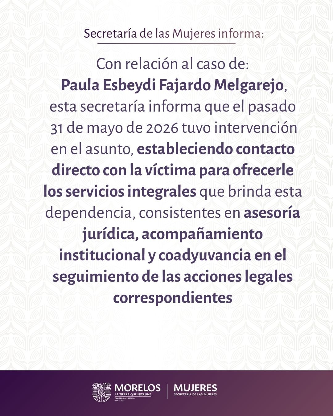 Secretaría de Mujeres de Morelos acompaña a Paula Fajardo en su denuncia.