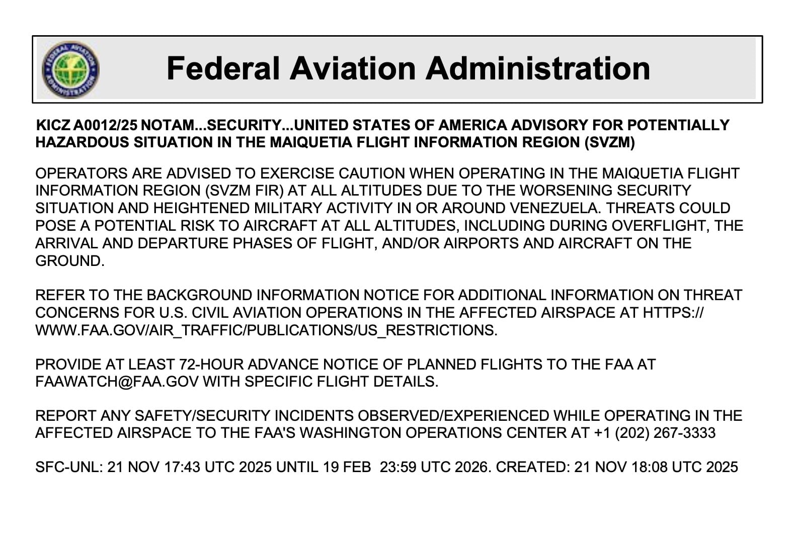 Alerta aérea de Estados Unidos a Venezuela