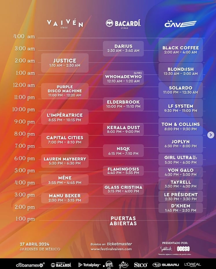 Horarios por escenario de Vaivén 2024