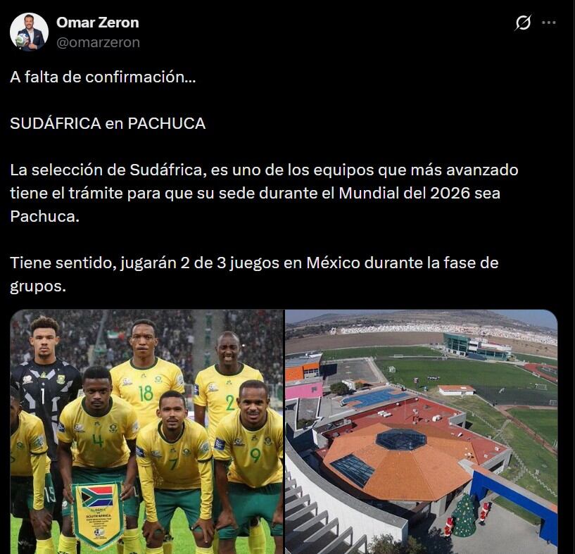 Sudáfrica elegiría Pachuca como su base para el Mundial 2026
