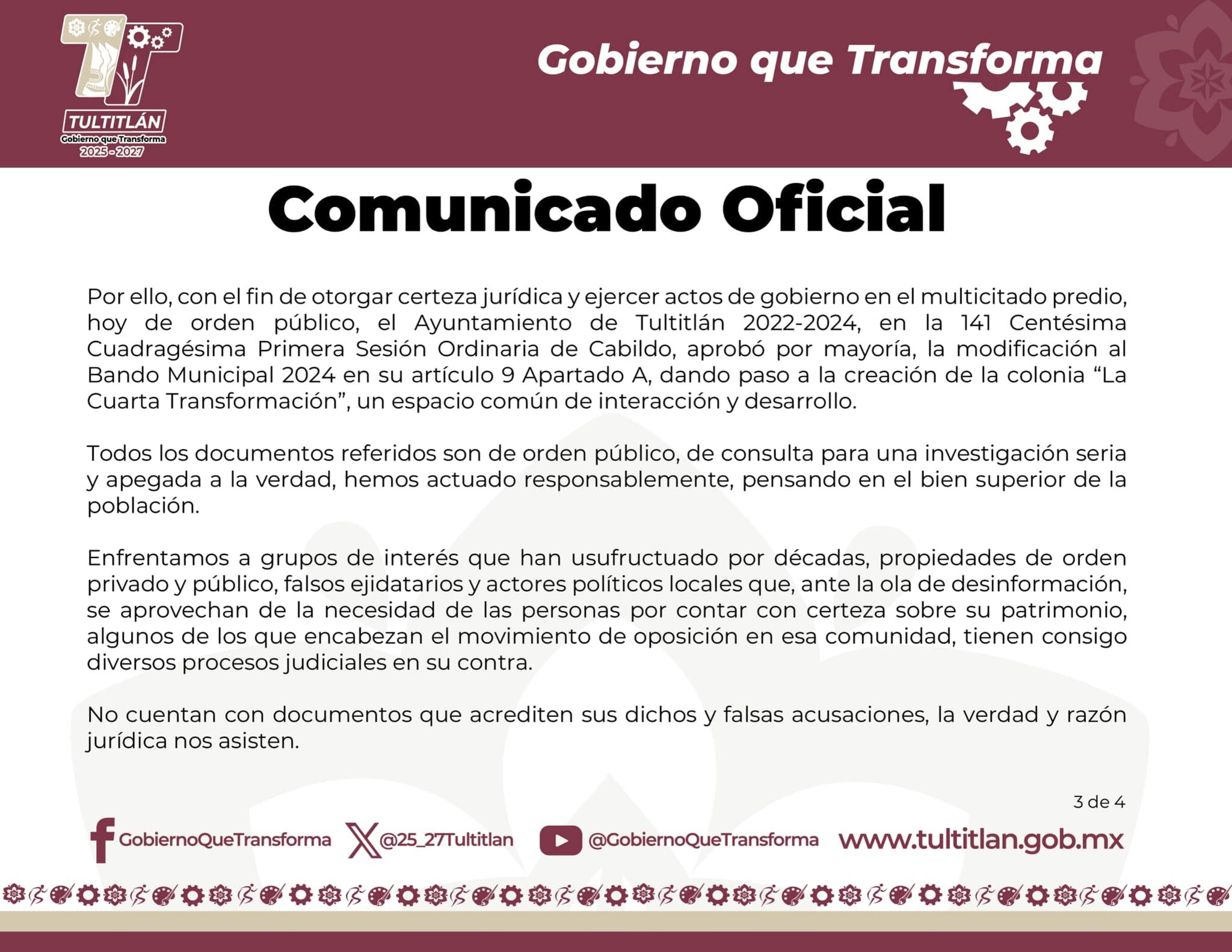 Comunicado del Gobierno de Tultitlán, sobre la colonia La Cuarta Transformación, acusa que enfrenta a “grupos de interés”