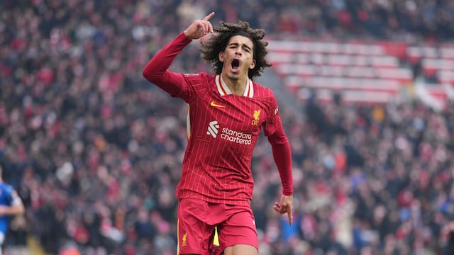 Liverpool's Jayden Danns celebrates after scoring his side's third goal during the FA Cup soccer match between Liverpool and Accrington Stanley at the Anfield stadium in Liverpool, England, Saturday, Jan. 11, 2025. (AP Photo/Jon Super)