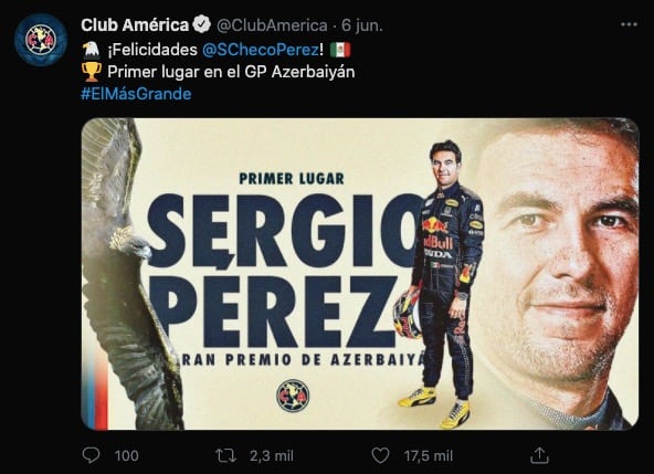 América felicitó a Checo Pérez