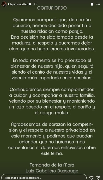 Luis 'Potro' Caballero anuncia su separación de Fernanda de la Mora