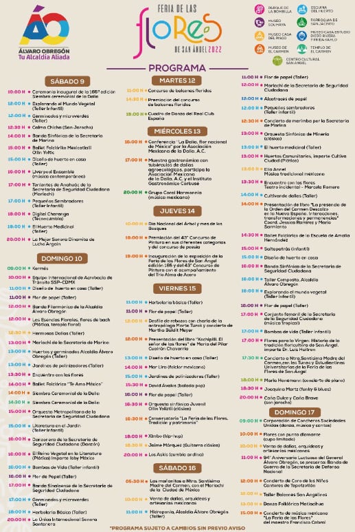 Cartelera Feria de las Flores de San Ángel 2022