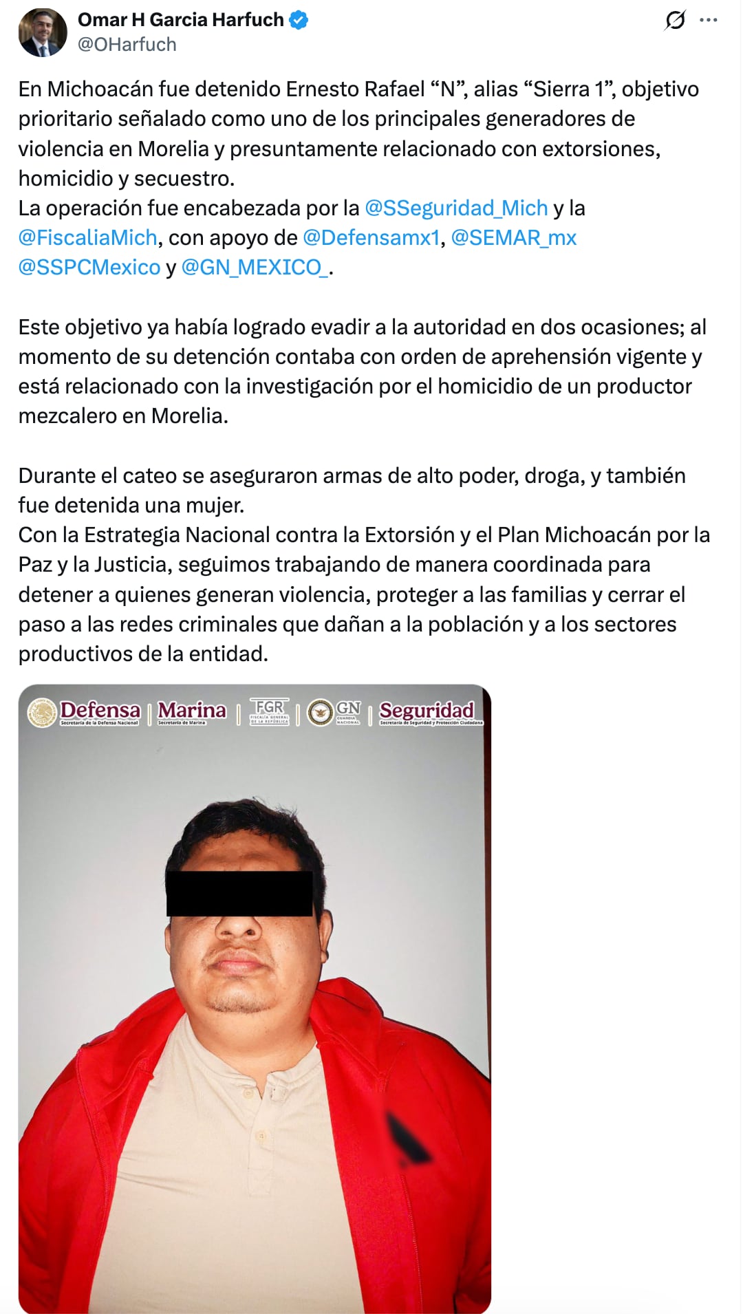 Omar García Harfuch confirma la detención de "Sierra 1" en Michoacán