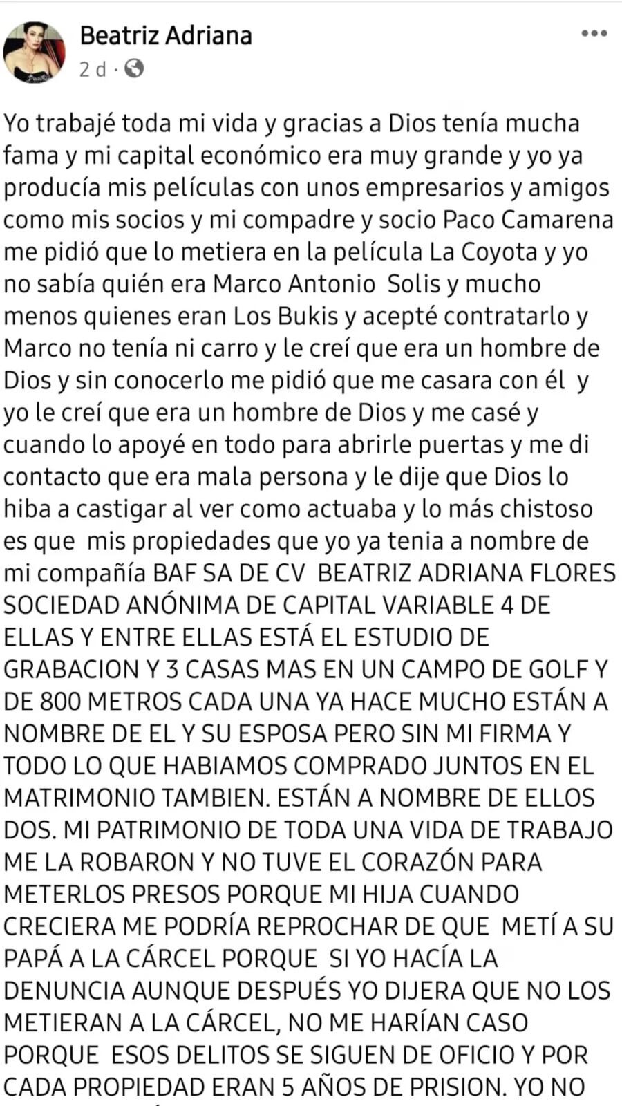 Beatriz Adriana , ex esposa de Marco Antonio Solís, lo acusa de robo