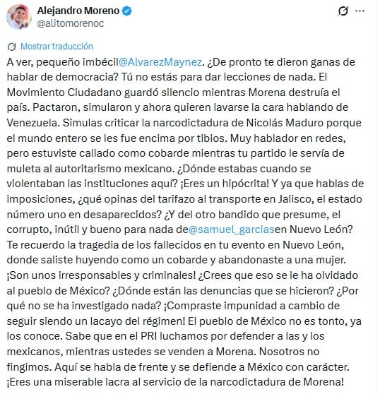 Alejandro Moreno y Álvarez Máynez chocan por la situación en Venezuela