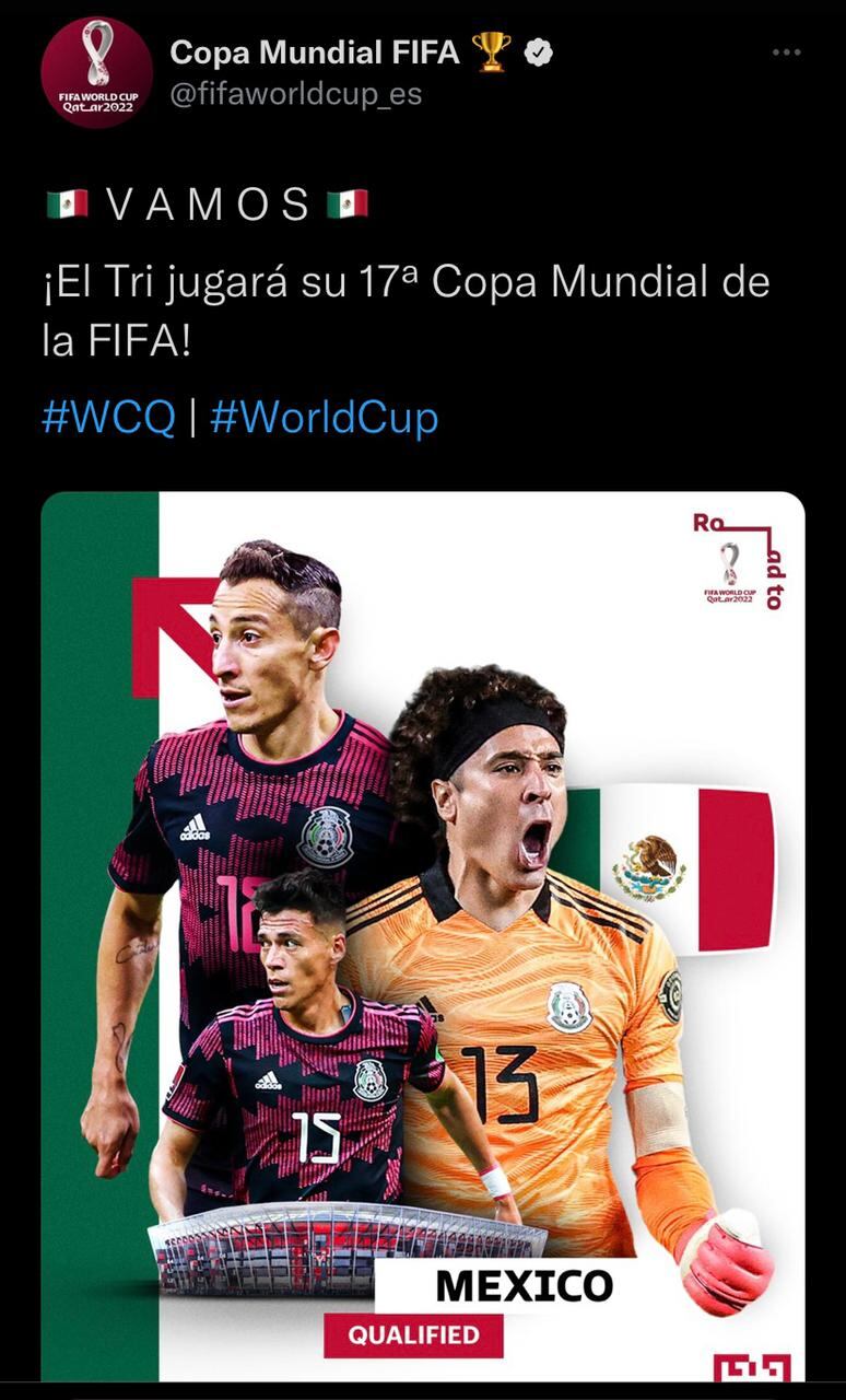 La FIFA felicitó a la Selección de futbol de México por su pase a la Qatar 2022.