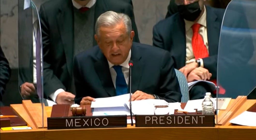 Captura de video de AMLO en su discurso del Consejo de Seguridad de la ONU