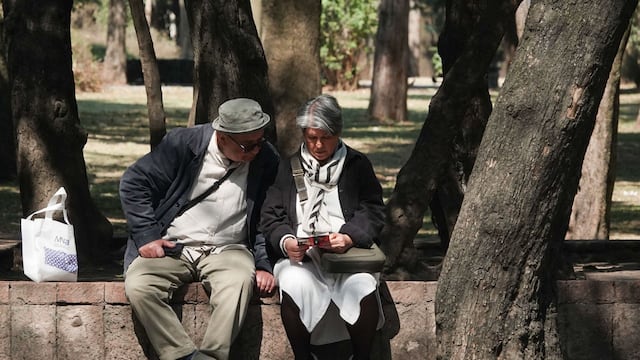 Una pareja de la tercera edad se detiene a observar un panfleto sobre la avenida Paseo de la Reforma