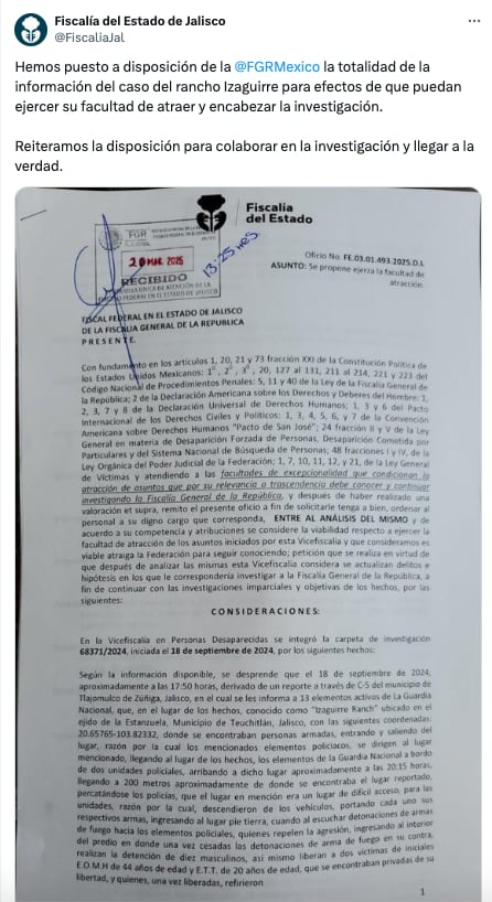 FGR atrae investigación del rancho Izaguirre de CJNG en Teuchitlán