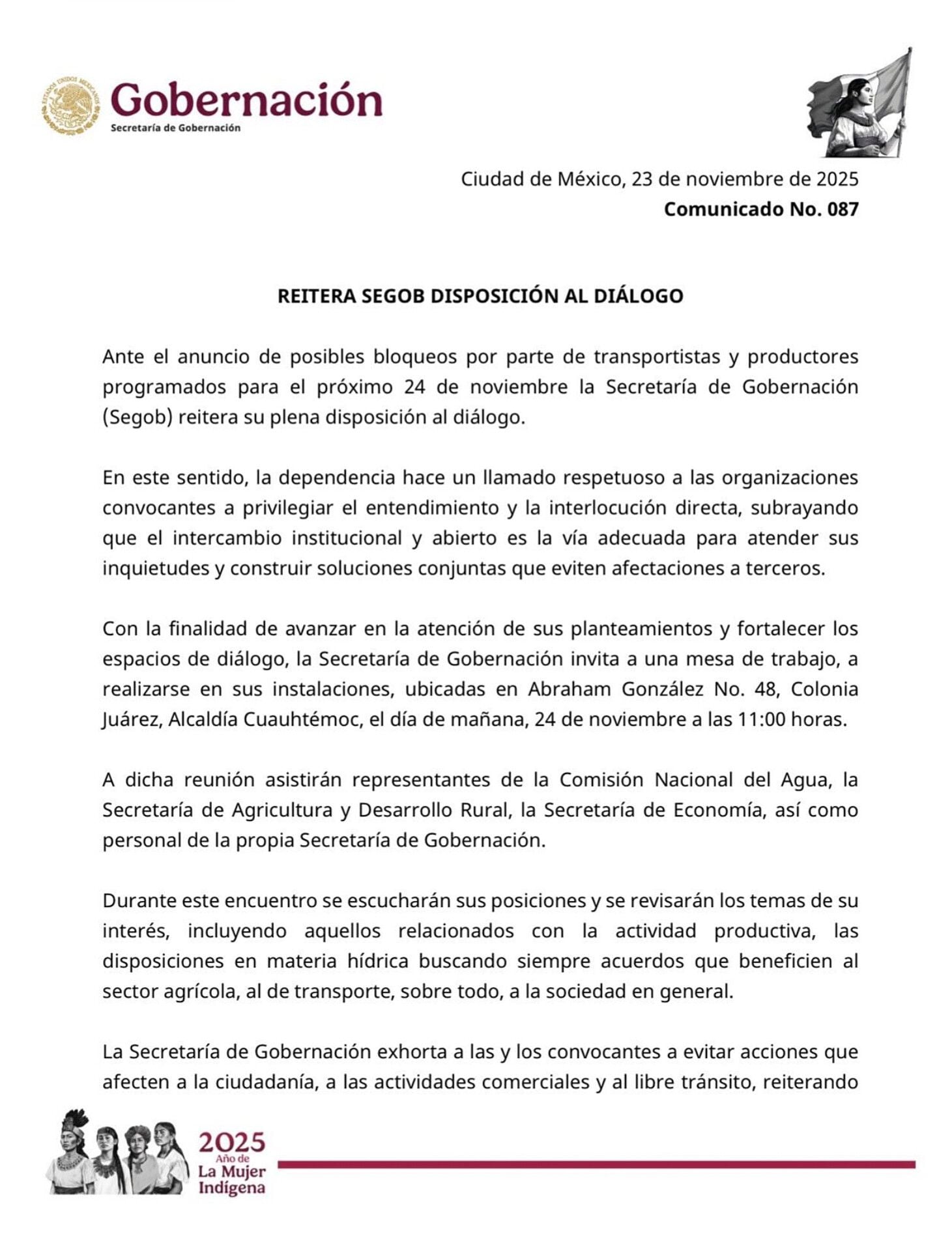 Comunicado de Segob a bloqueo del 24 de noviembre.