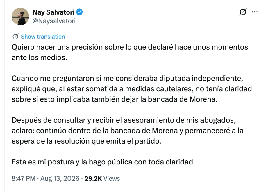 Nayeli Salvatori rectifica: sigue en bancada de Morena